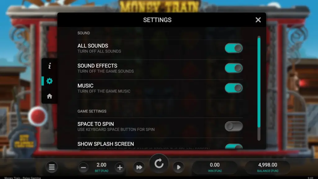 Money Train slot settings menu with sound and game options