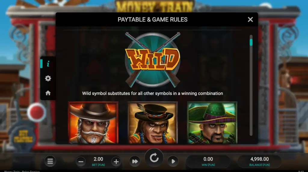 Money Train slot in action showing 5x4 reels and Wild West symbols